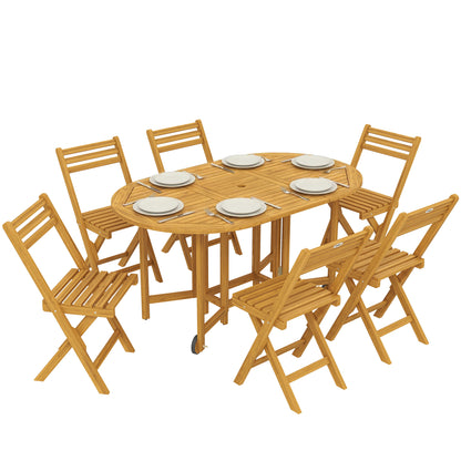 7-Piece FSC Acacia Outdoor Dining Set — Extendable Table & 6 Folding Chairs, Weather-Resistant, Natural Finish, Umbrella Hole
