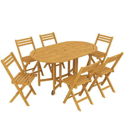 7-Piece FSC Acacia Outdoor Dining Set — Extendable Table & 6 Folding Chairs, Weather-Resistant, Natural Finish, Umbrella Hole