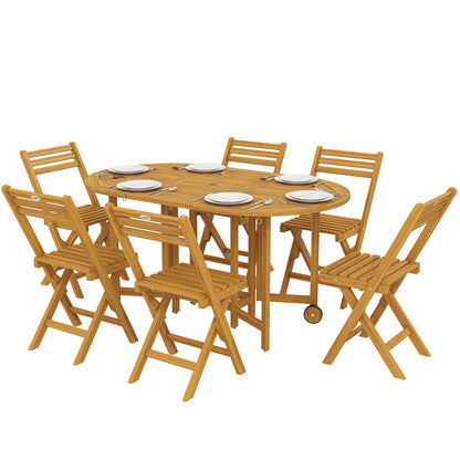 7-Piece FSC Acacia Outdoor Dining Set — Extendable Table & 6 Folding Chairs, Weather-Resistant, Natural Finish, Umbrella Hole