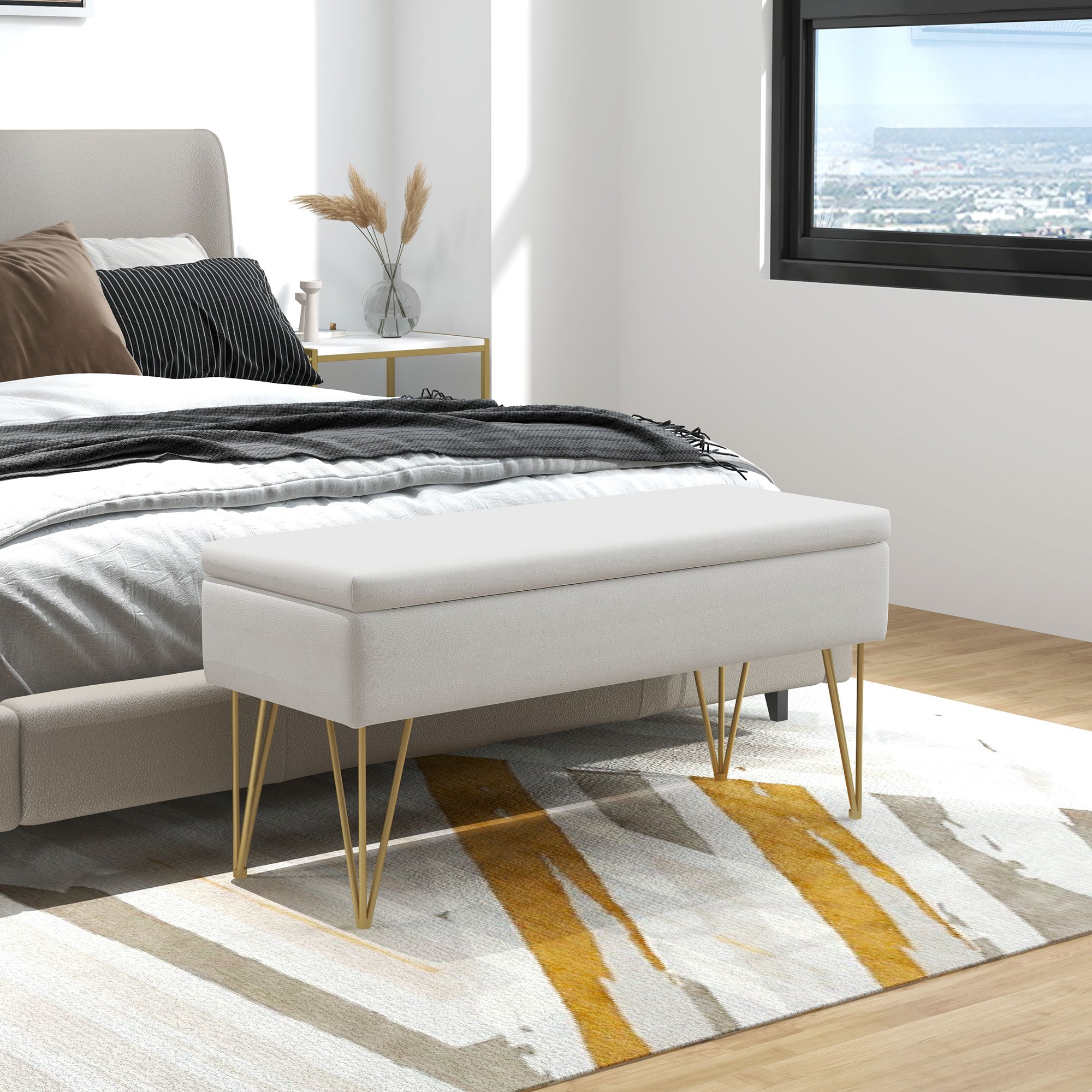 Storage Bench Upholstered Bench, Linen Look, Bed Bench with Steel Legs, for Bedroom, Living Room, Hallway, 100 x 40 x 49 cm, Cream