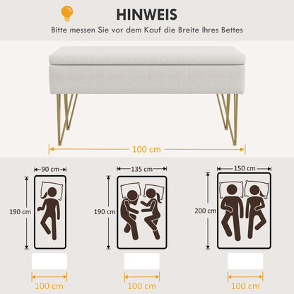 Storage Bench Upholstered Bench, Linen Look, Bed Bench with Steel Legs, for Bedroom, Living Room, Hallway, 100 x 40 x 49 cm, Cream