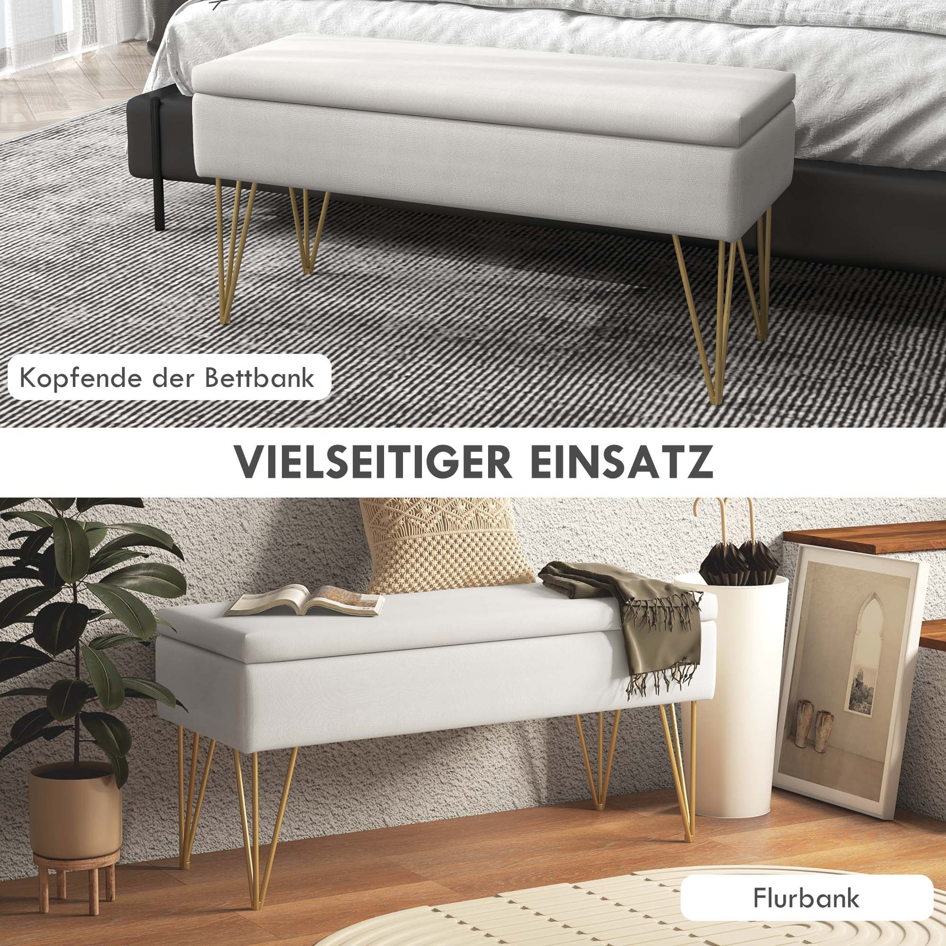 Storage Bench Upholstered Bench, Linen Look, Bed Bench with Steel Legs, for Bedroom, Living Room, Hallway, 100 x 40 x 49 cm, Cream