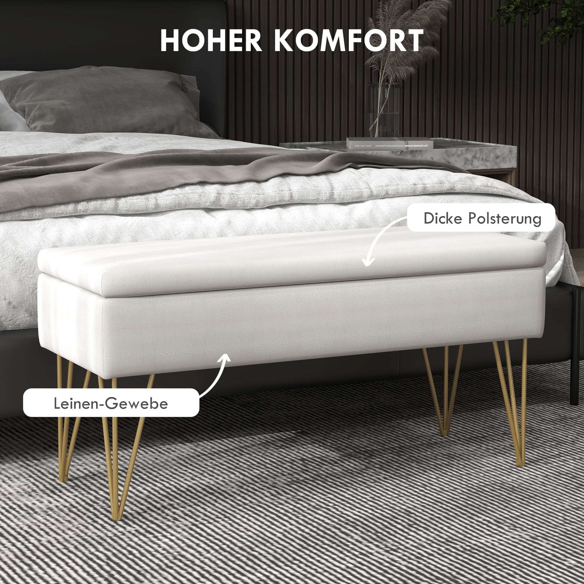 Storage Bench Upholstered Bench, Linen Look, Bed Bench with Steel Legs, for Bedroom, Living Room, Hallway, 100 x 40 x 49 cm, Cream