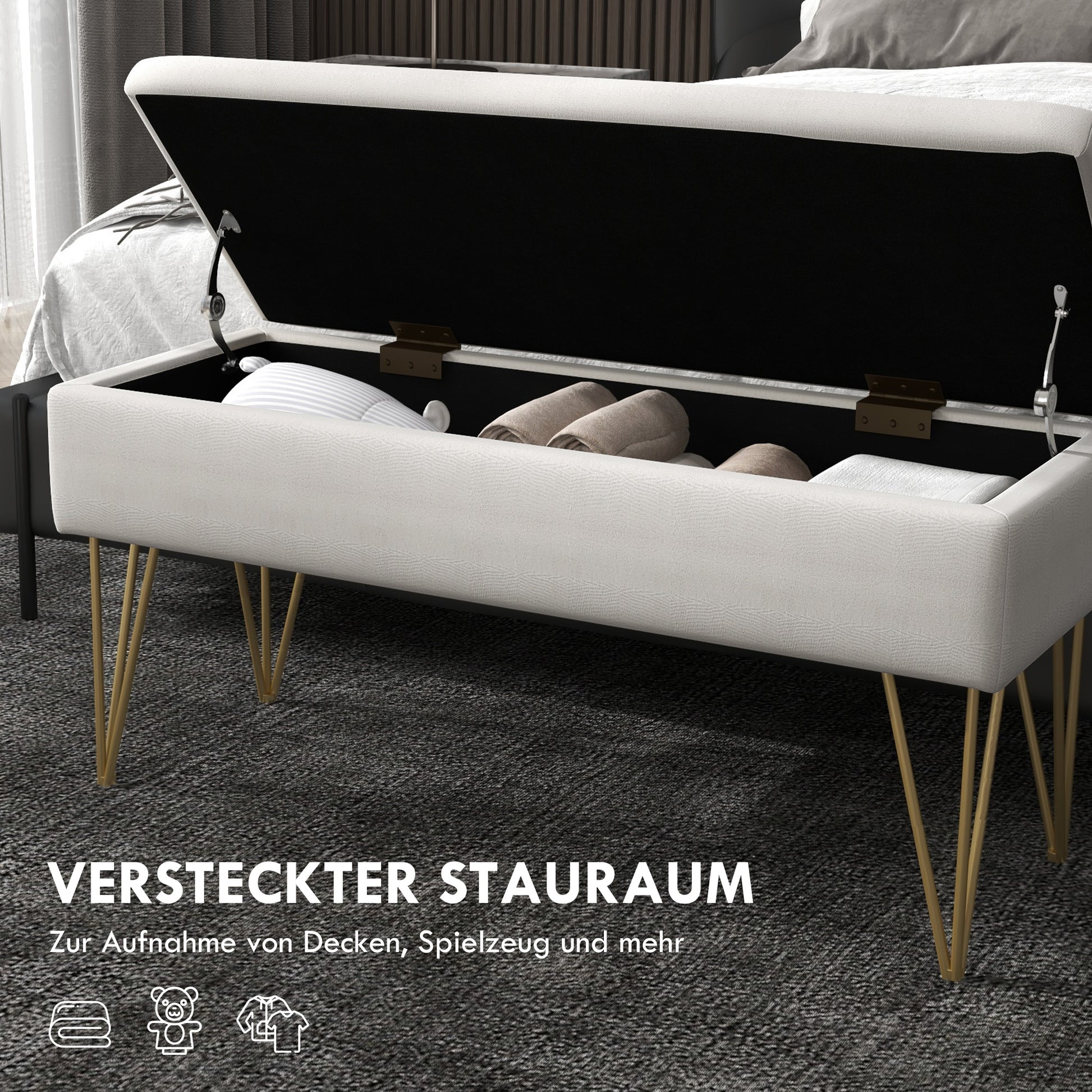 Storage Bench Upholstered Bench, Linen Look, Bed Bench with Steel Legs, for Bedroom, Living Room, Hallway, 100 x 40 x 49 cm, Cream