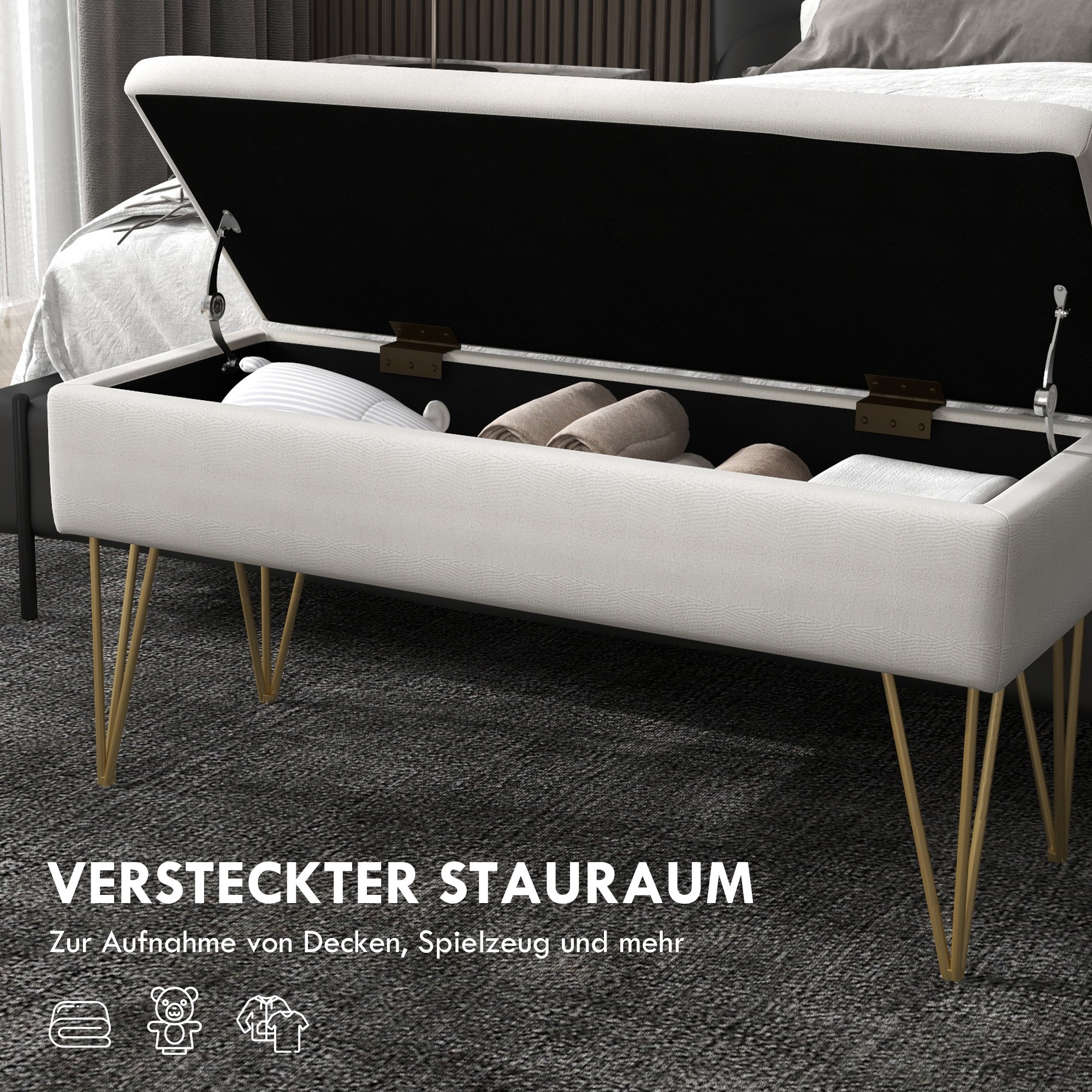 Storage Bench Upholstered Bench, Linen Look, Bed Bench with Steel Legs, for Bedroom, Living Room, Hallway, 100 x 40 x 49 cm, Cream