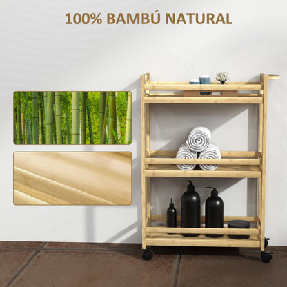 3-Tier Bamboo Bathroom Shelf Storage Cart with Wheels for Living Room Kitchen 55x20x75 cm Natural
