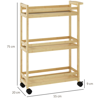 3-Tier Bamboo Bathroom Shelf Storage Cart with Wheels for Living Room Kitchen 55x20x75 cm Natural