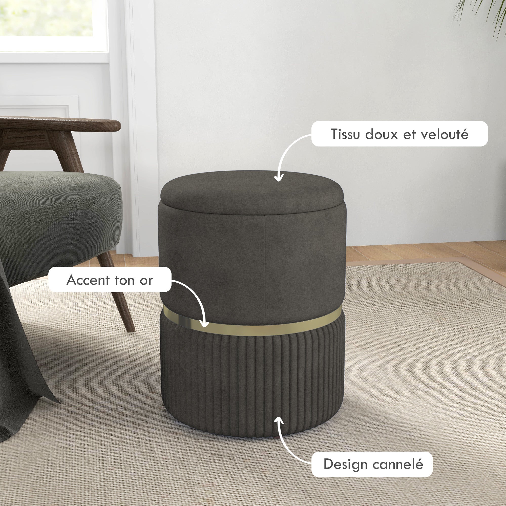 Pouf ottoman footstool, storage chest, corduroy velvet, modern design, 36 x 36 x 44 cm, for living room, bedroom, gray