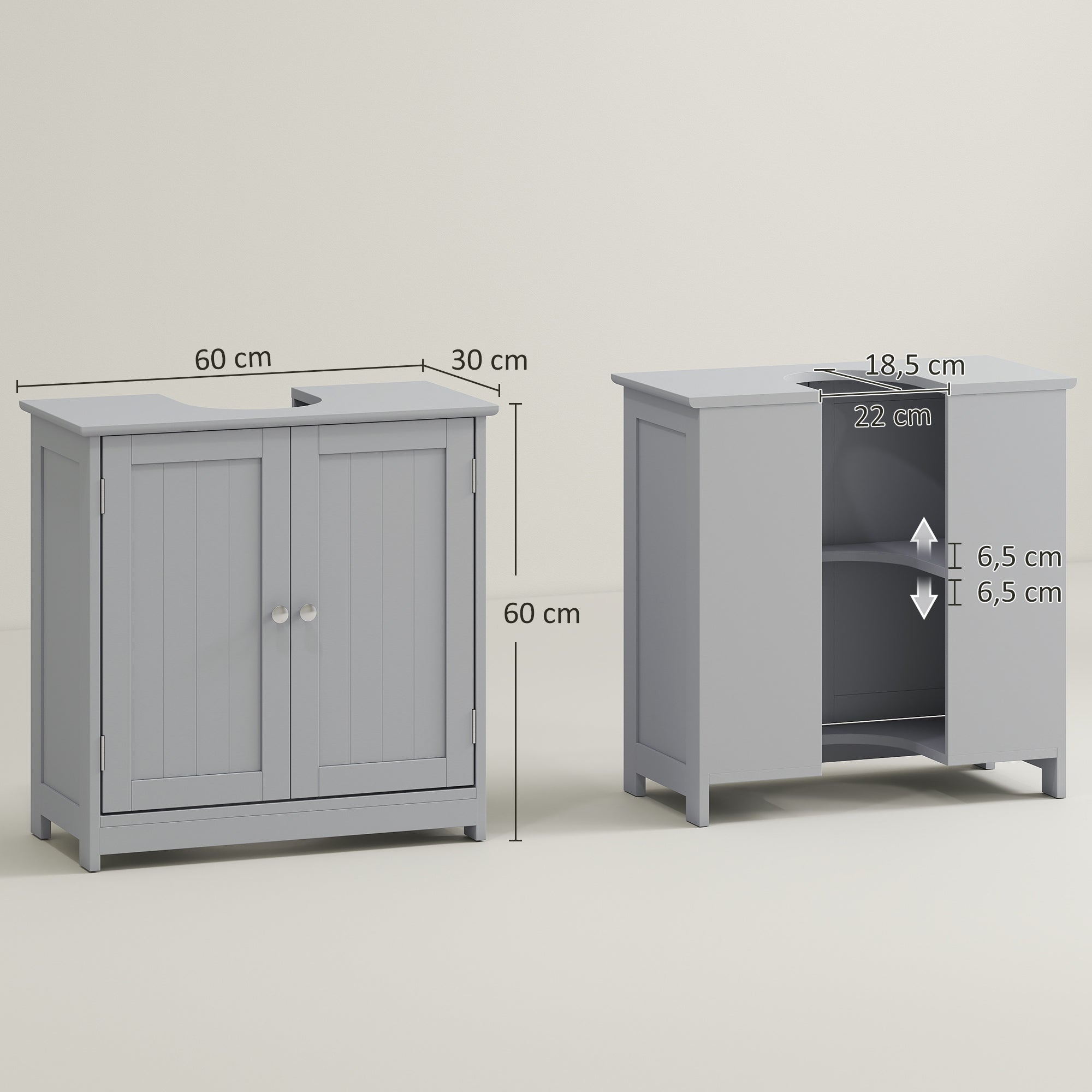 Bathroom Vanity Cabinet Under Sink - Sink Cabinet - 2-Door Cupboard with Shelf - Dimensions 60L x 30W x 60H cm - Gray Wood