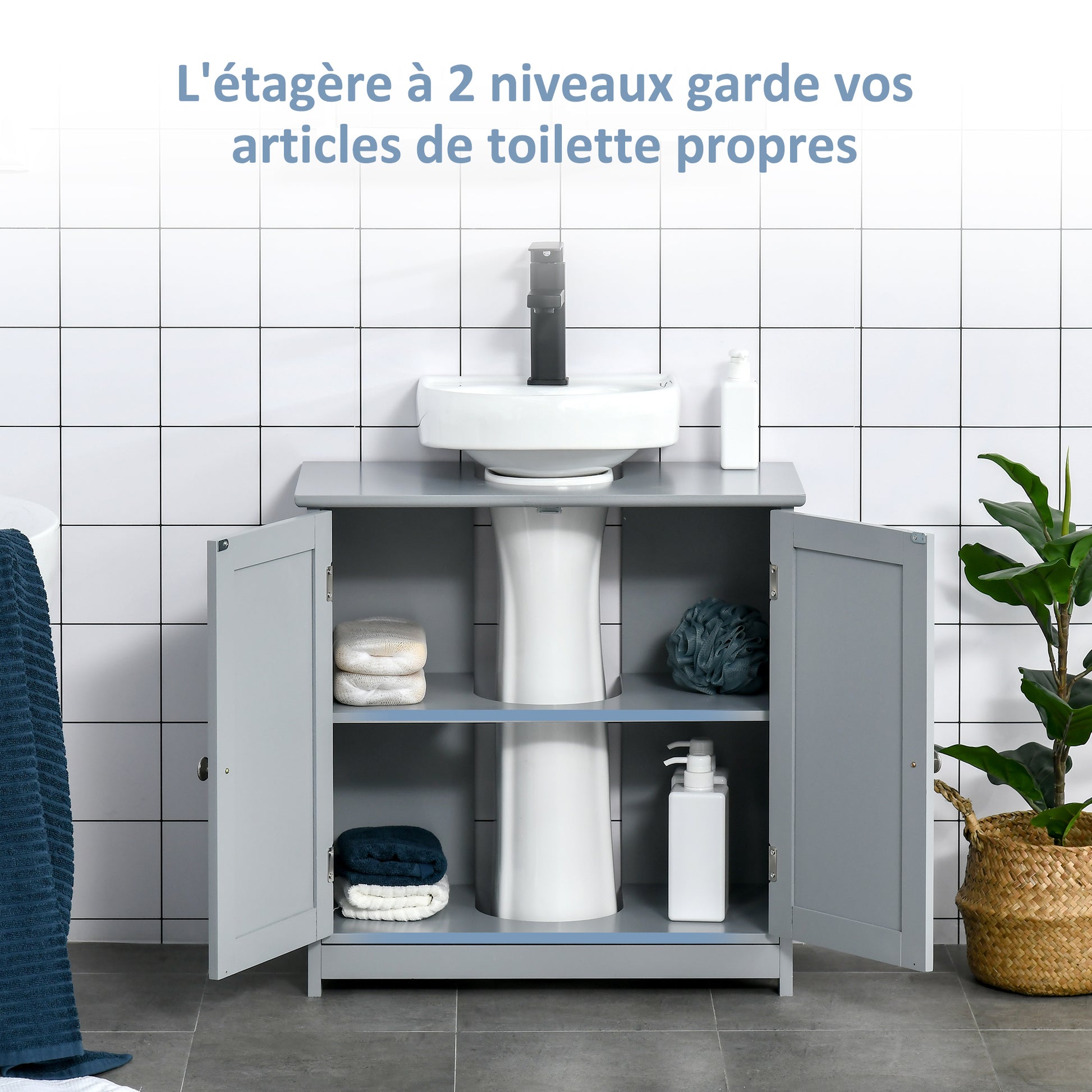 Bathroom Vanity Cabinet Under Sink - Sink Cabinet - 2-Door Cupboard with Shelf - Dimensions 60L x 30W x 60H cm - Gray Wood