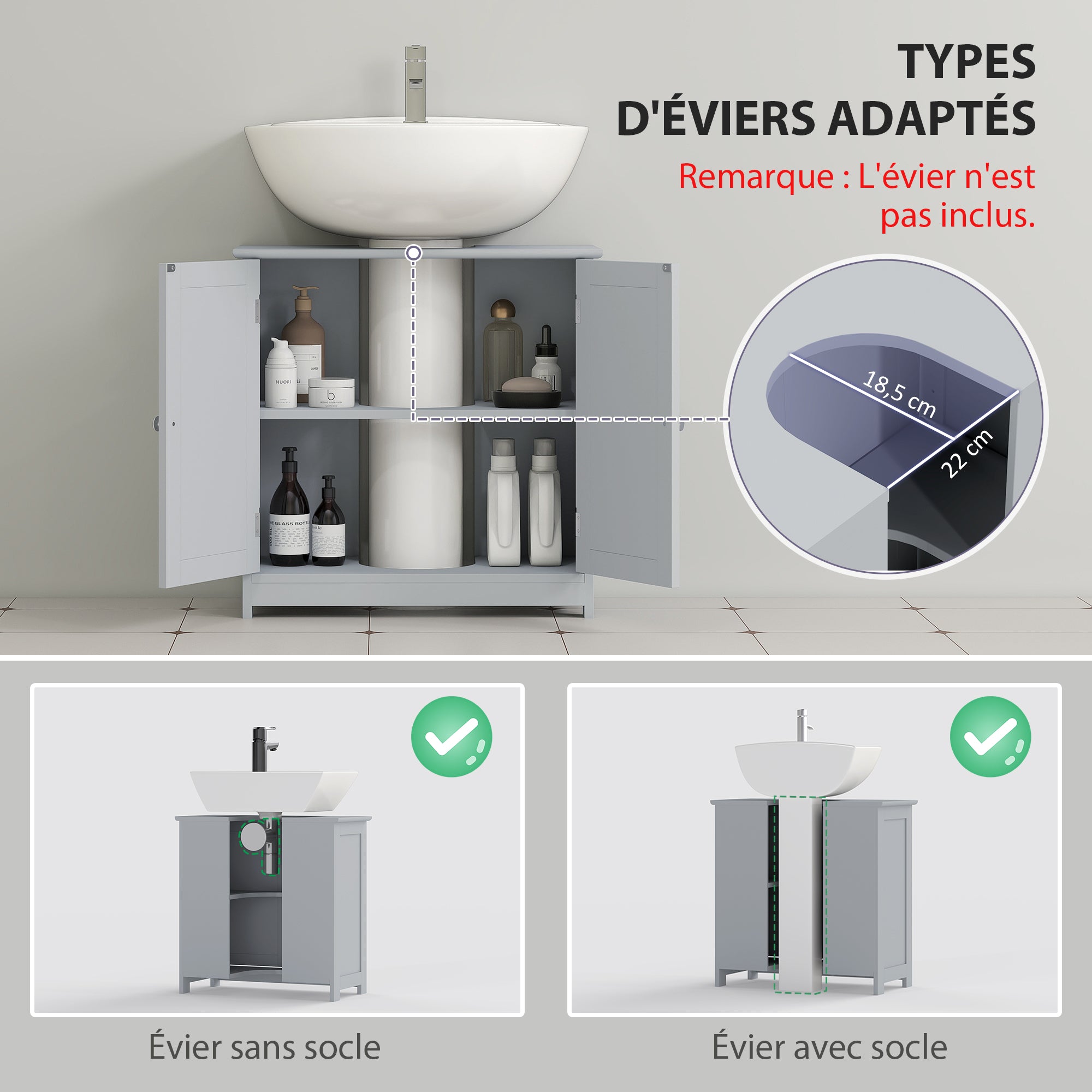 Bathroom Vanity Cabinet Under Sink - Sink Cabinet - 2-Door Cupboard with Shelf - Dimensions 60L x 30W x 60H cm - Gray Wood