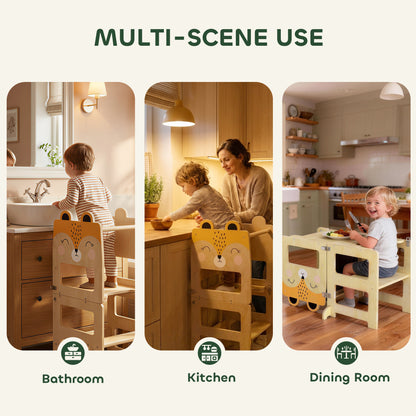 Montessori Learning Tower for Kids (2–5 yrs) with Chalkboard & Table — Natural Plywood