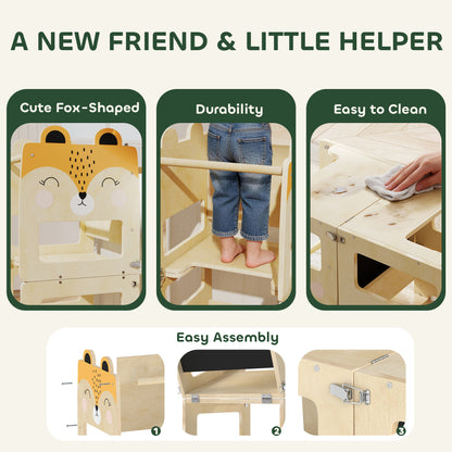 Montessori Learning Tower for Kids (2–5 yrs) with Chalkboard & Table — Natural Plywood