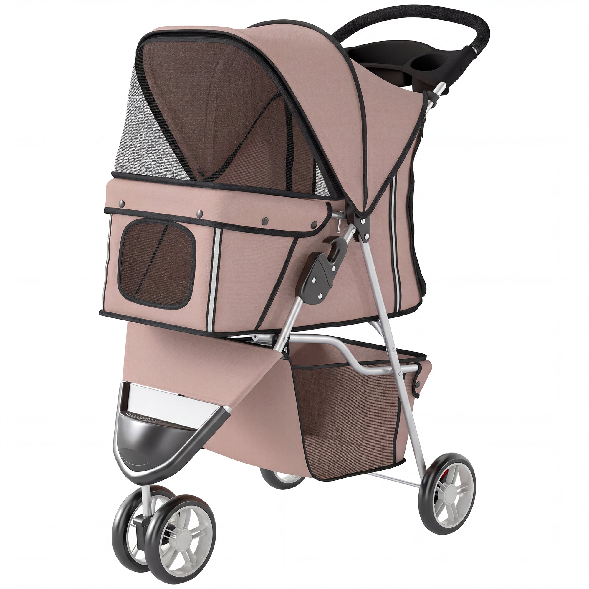 Foldable Pet Stroller for Small Dogs with Storage Basket, Mesh Windows & Cup Holder — 22 lb Capacity, 30.3 x 17.3 x 40.2 in, Brown