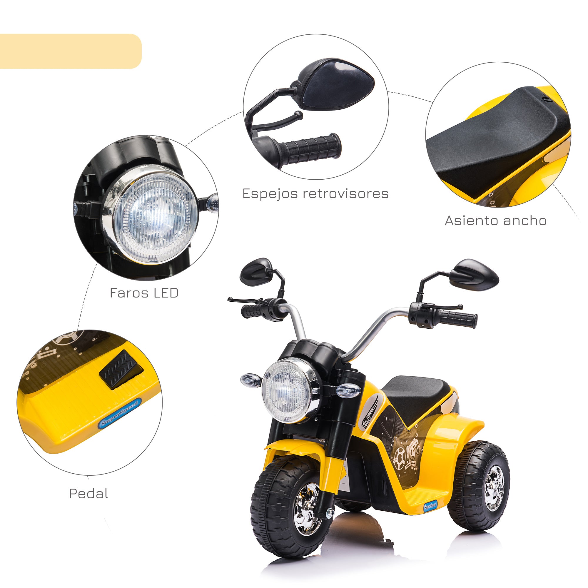 Children's Electric Motorcycle with 3 Wheels Electric Motorcycle for Kids 18-36 Months Battery Tricycle 6V with Headlight Horn 72x57x56 cm Yellow