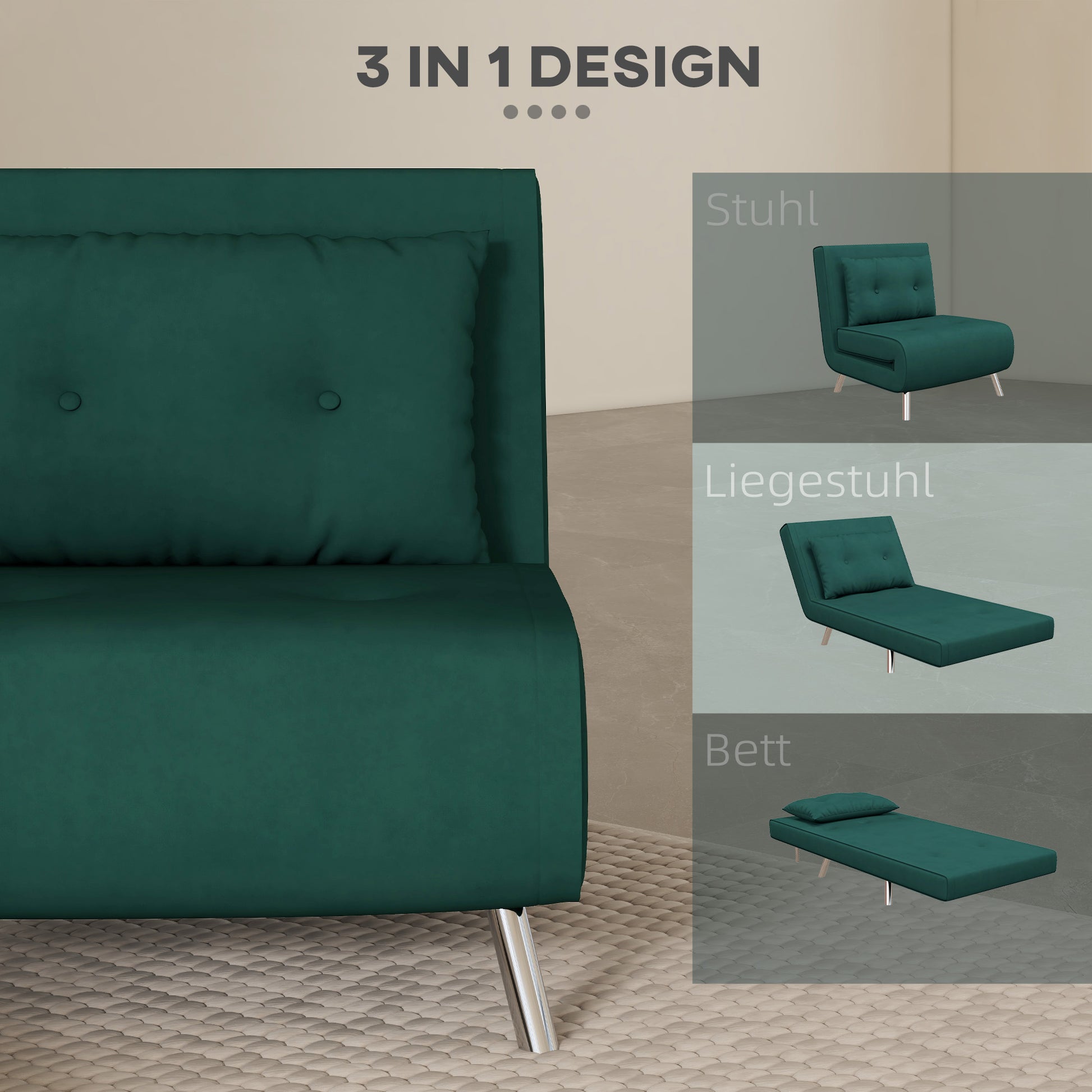 Sleeper Chair, Single Sofa with Bed Function, Folding Chair, Guest Bed with Pillow, Upholstered Sofa in Velvet Look for Bedroom, Living Room, 77 x 88 x 83 cm, Dark Green