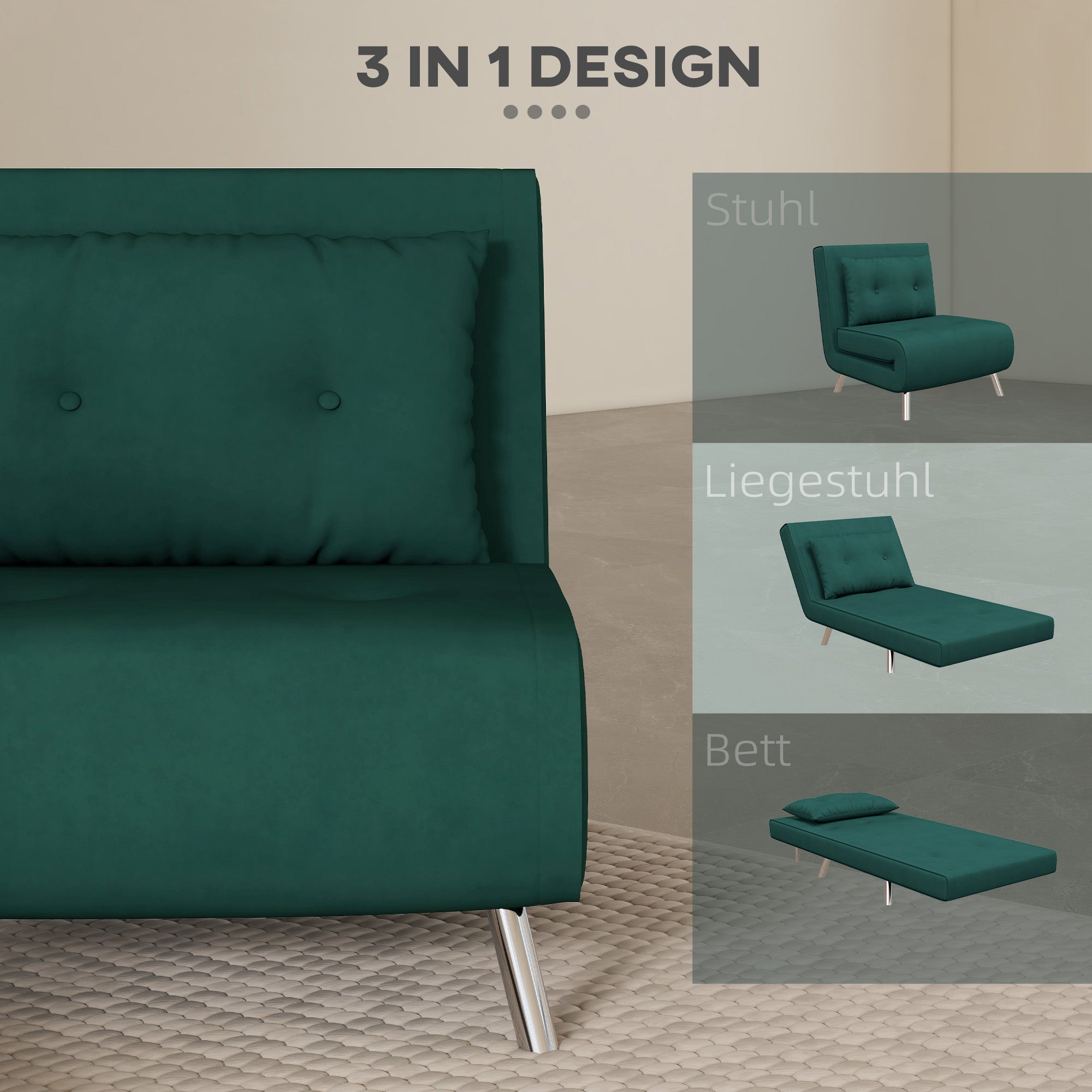 Sleeper Chair, Single Sofa with Bed Function, Folding Chair, Guest Bed with Pillow, Upholstered Sofa in Velvet Look for Bedroom, Living Room, 77 x 88 x 83 cm, Dark Green