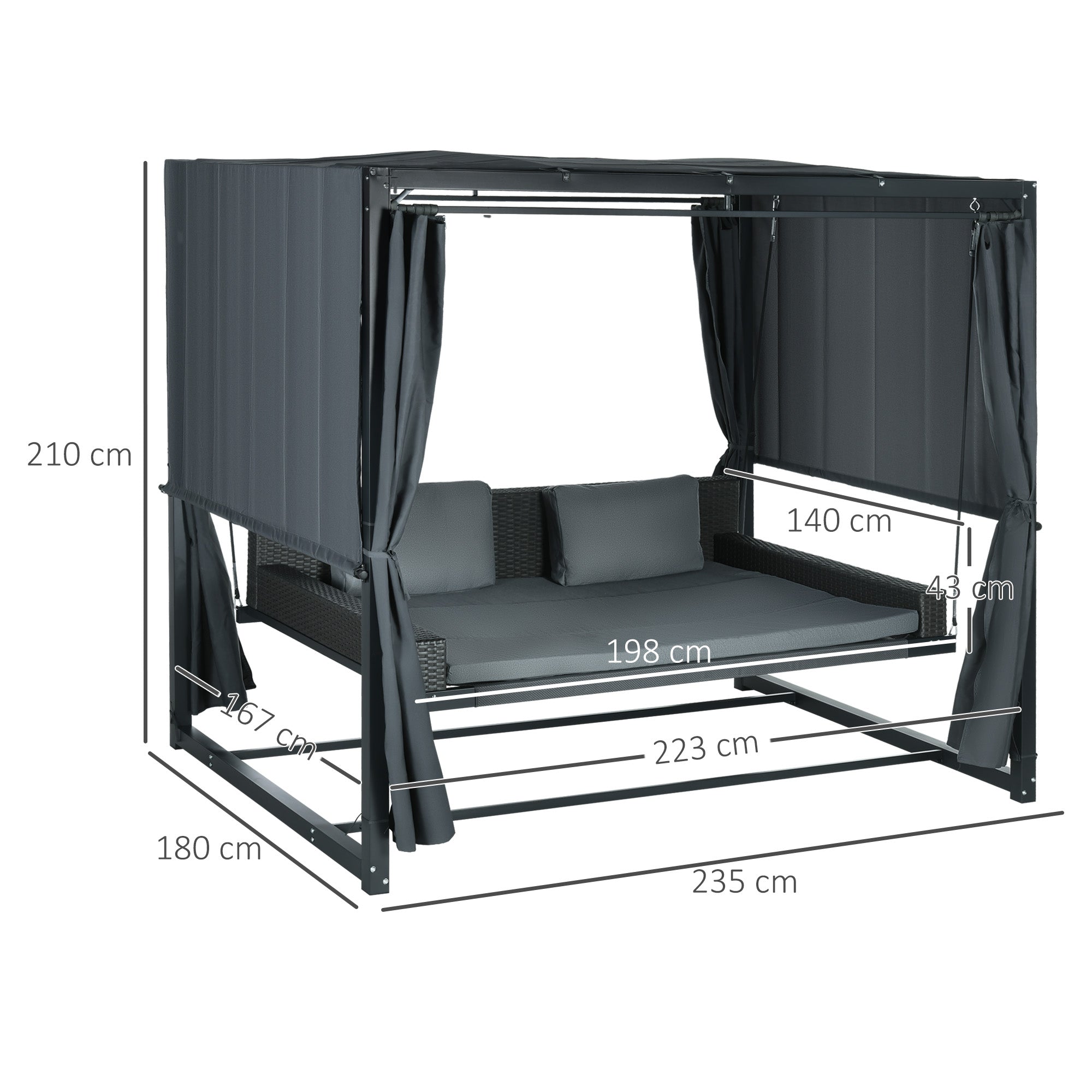 Hollywood Swing with Pergola, Garden Swing incl. Cushions, Weather-Resistant Daybed, for Garden, Balcony, 235 x 180 x 210 cm, Dark Gray