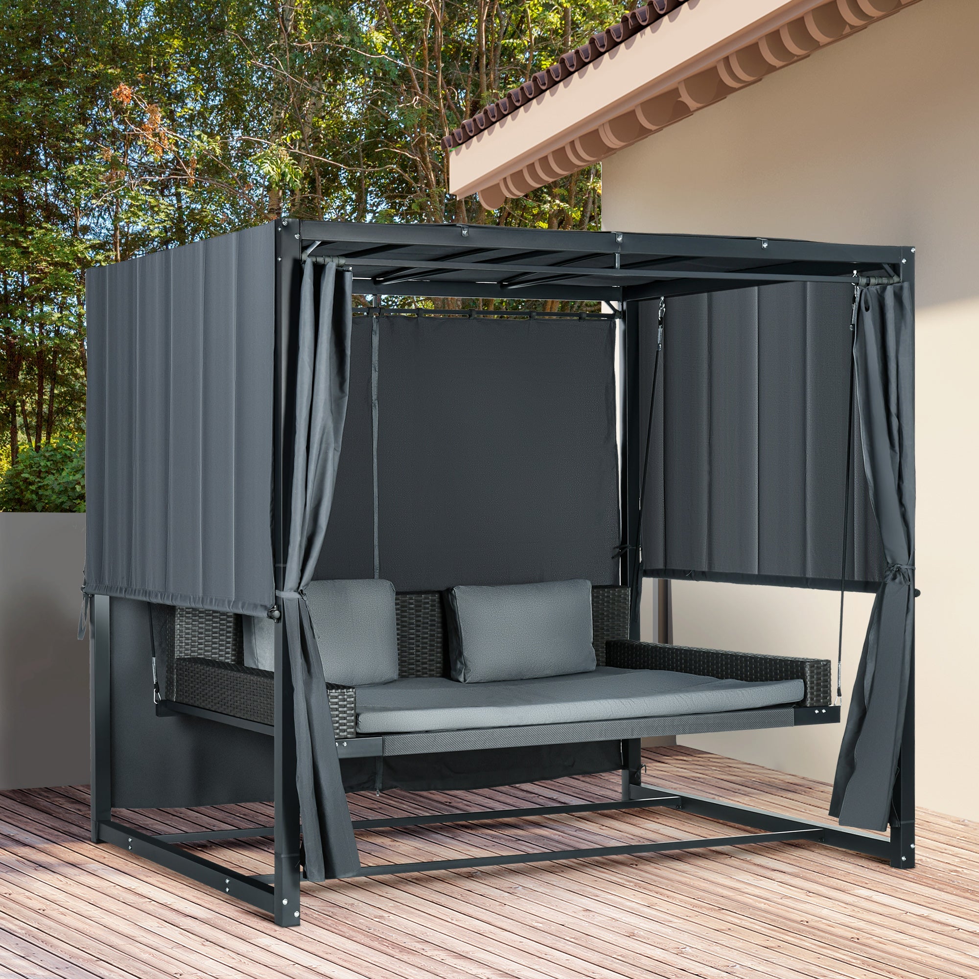 Hollywood Swing with Pergola, Garden Swing incl. Cushions, Weather-Resistant Daybed, for Garden, Balcony, 235 x 180 x 210 cm, Dark Gray