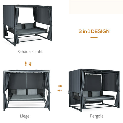 Hollywood Swing with Pergola, Garden Swing incl. Cushions, Weather-Resistant Daybed, for Garden, Balcony, 235 x 180 x 210 cm, Dark Gray