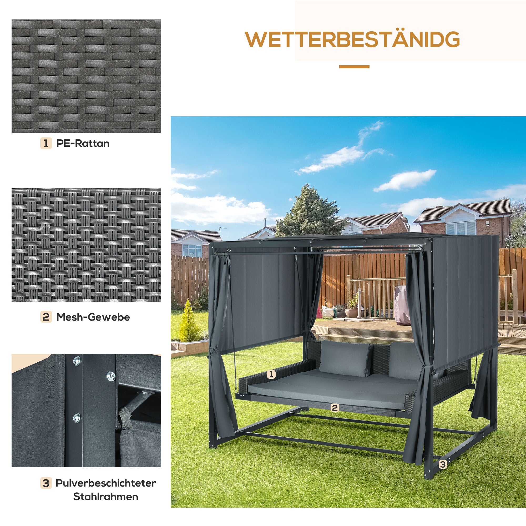 Hollywood Swing with Pergola, Garden Swing incl. Cushions, Weather-Resistant Daybed, for Garden, Balcony, 235 x 180 x 210 cm, Dark Gray