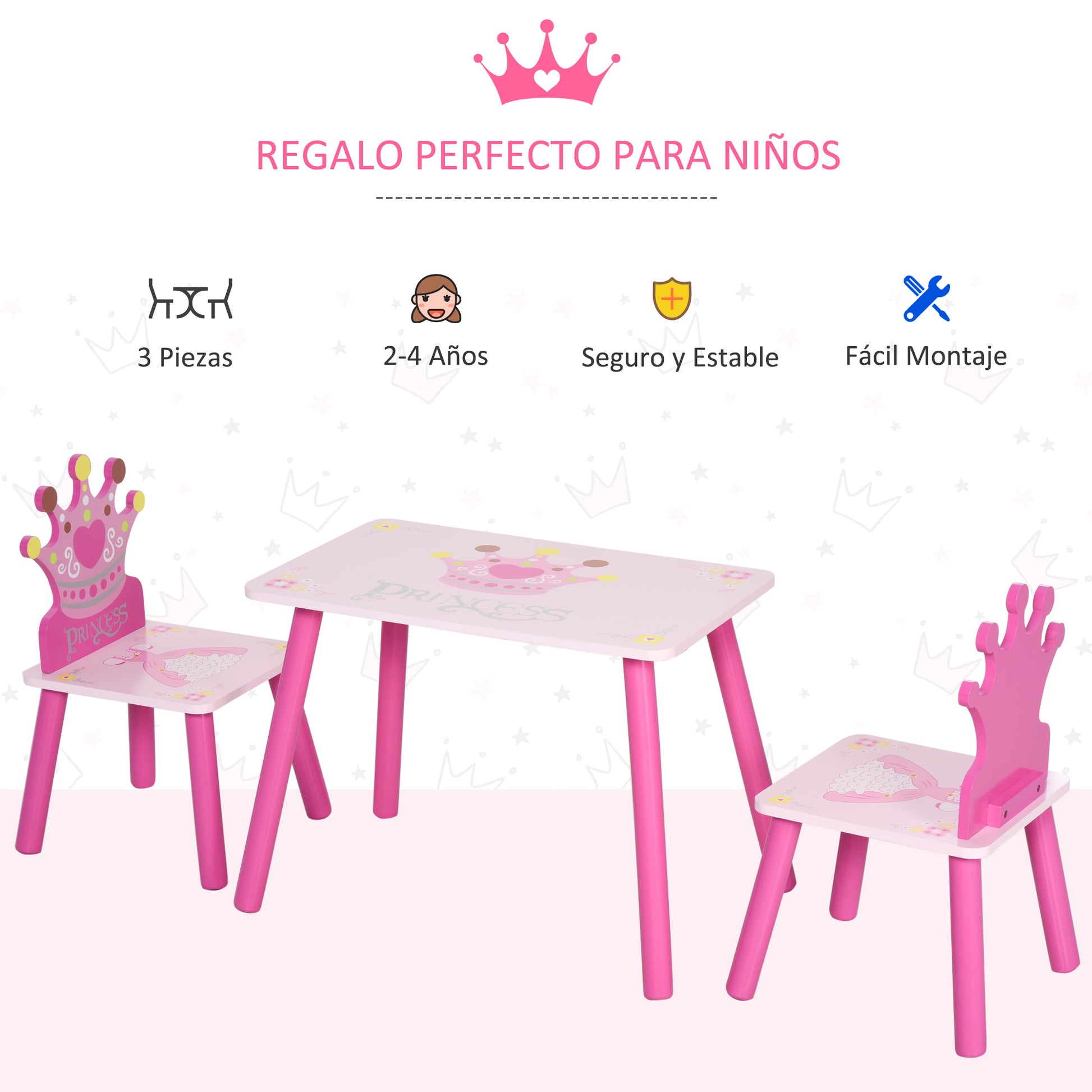 Children's Wooden Table and 2 Chairs Set Table 55x34x42 cm Chairs 28x26x50 cm for 2-4 Years Bedroom Pink