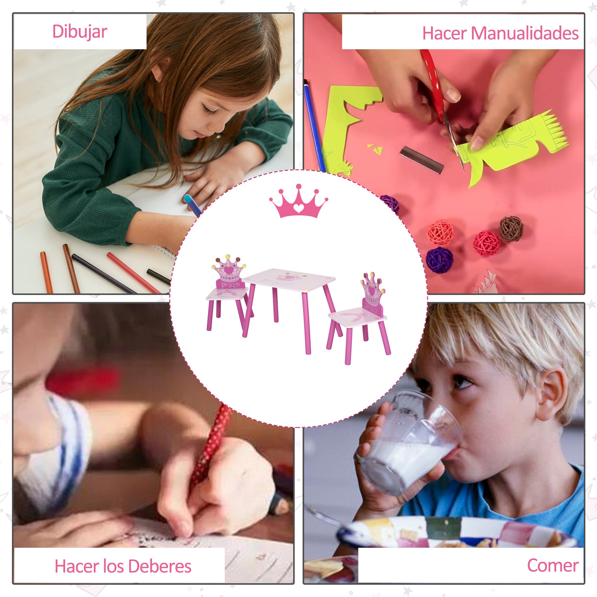 Children's Wooden Table and 2 Chairs Set Table 55x34x42 cm Chairs 28x26x50 cm for 2-4 Years Bedroom Pink