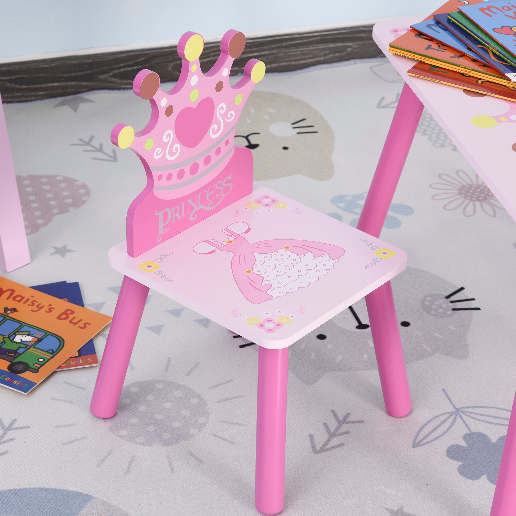 Children's Wooden Table and 2 Chairs Set Table 55x34x42 cm Chairs 28x26x50 cm for 2-4 Years Bedroom Pink