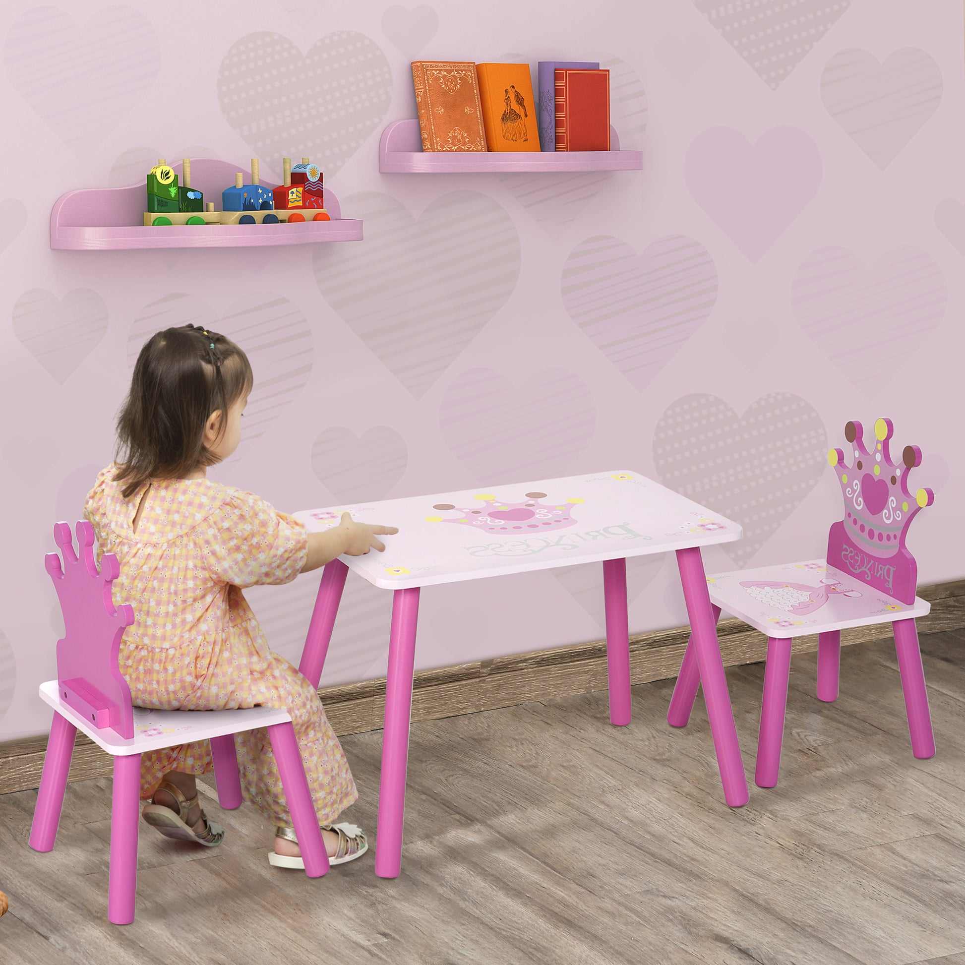 Children's Wooden Table and 2 Chairs Set Table 55x34x42 cm Chairs 28x26x50 cm for 2-4 Years Bedroom Pink