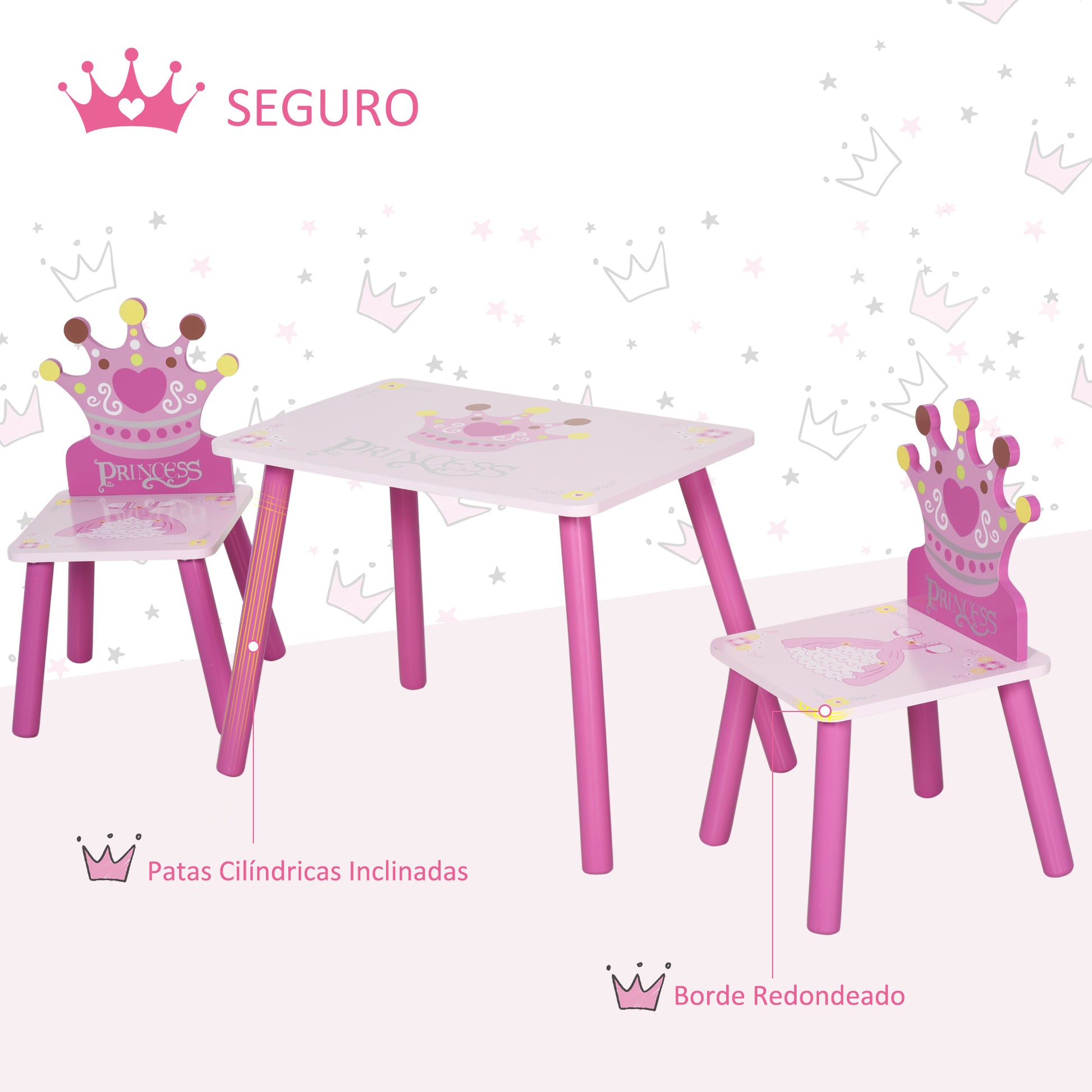Children's Wooden Table and 2 Chairs Set Table 55x34x42 cm Chairs 28x26x50 cm for 2-4 Years Bedroom Pink