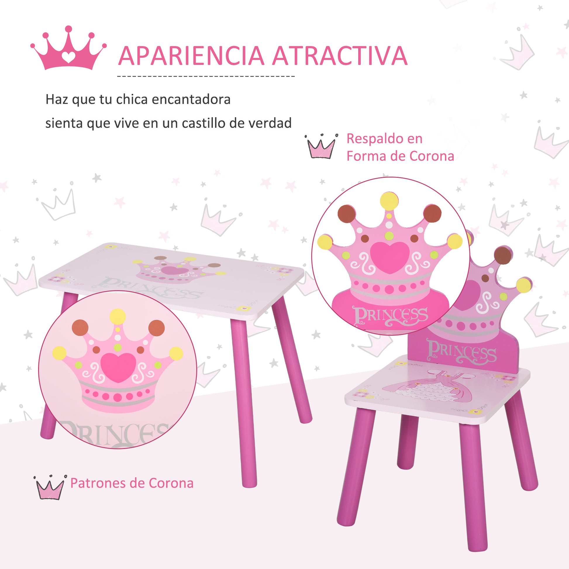Children's Wooden Table and 2 Chairs Set Table 55x34x42 cm Chairs 28x26x50 cm for 2-4 Years Bedroom Pink