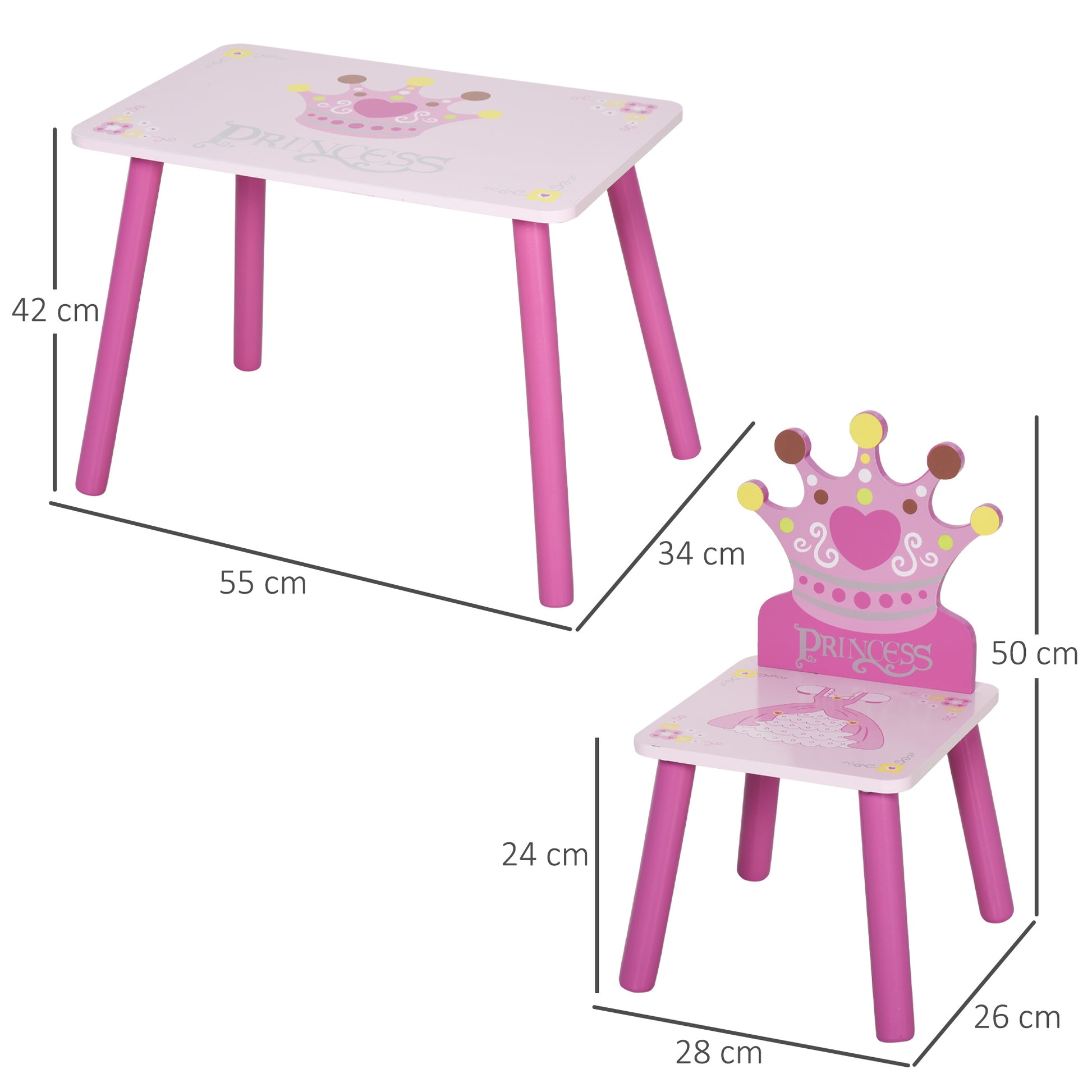 Children's Wooden Table and 2 Chairs Set Table 55x34x42 cm Chairs 28x26x50 cm for 2-4 Years Bedroom Pink