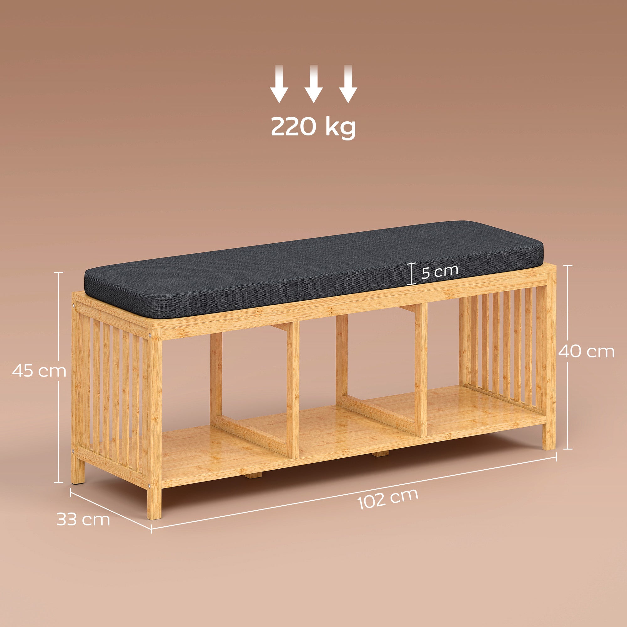 Bamboo Shoe Bench with Padded Seat and Open Shelf for Hallway & Entryway, 40.2 x 13.0 x 17.7 in, Natural Wood