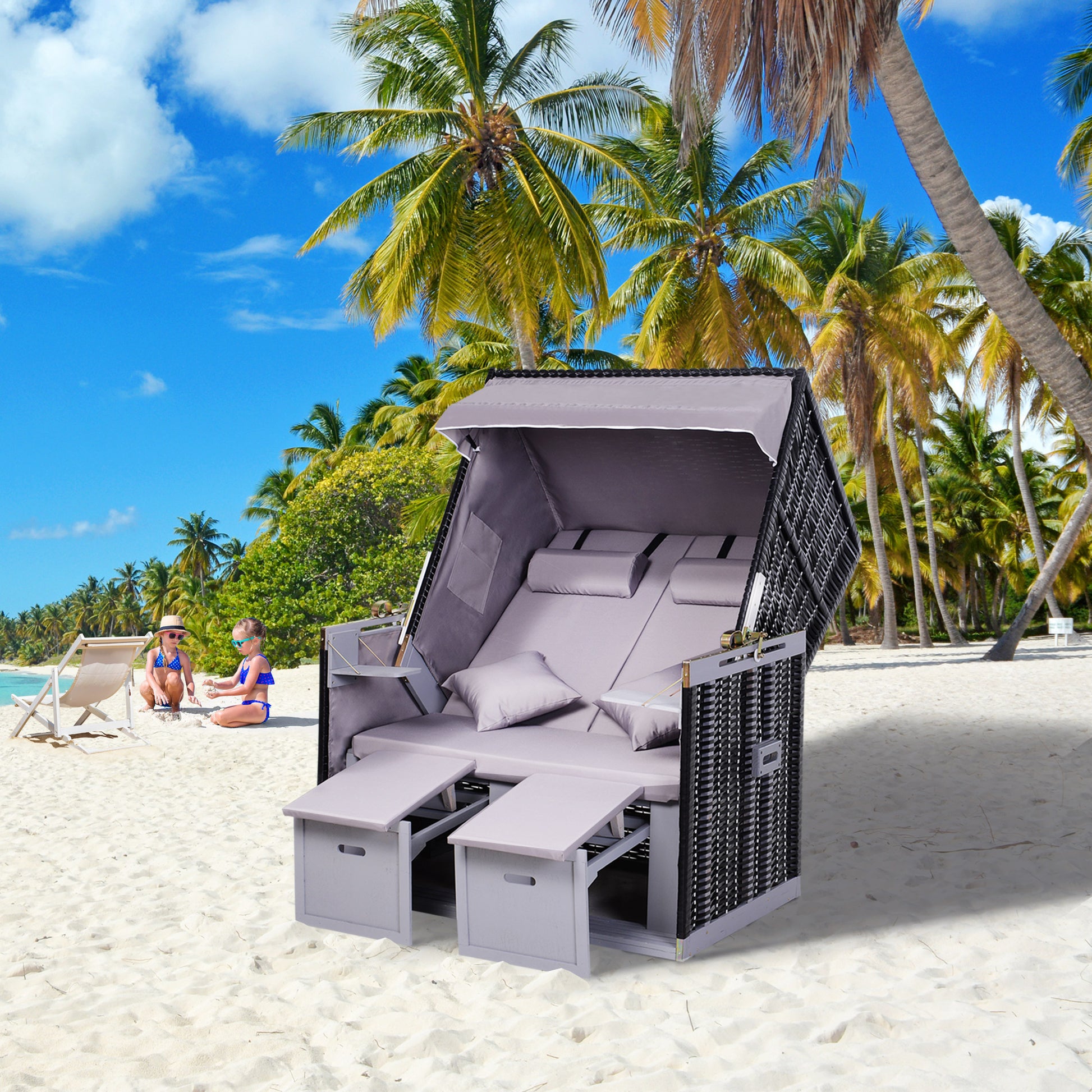 Baltic Sea Full Recliner 2-Seater Winterproof Hardwood Beach Chair, Beach Chair with Roof Footrest Side Tables Beach Chair Cover, Beach Chair for Balcony, Garden Terrace, Gray