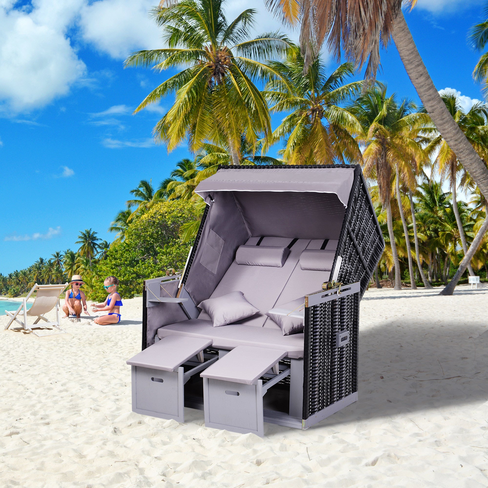 Baltic Sea Full Recliner 2-Seater Winterproof Hardwood Beach Chair, Beach Chair with Roof Footrest Side Tables Beach Chair Cover, Beach Chair for Balcony, Garden Terrace, Gray