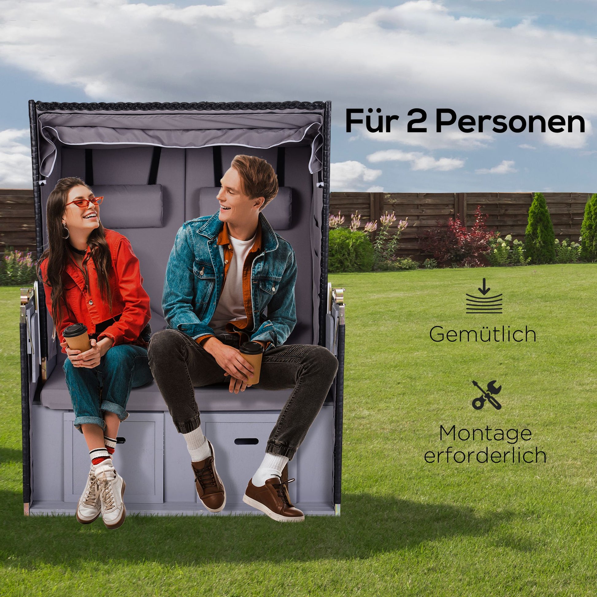 Baltic Sea Full Recliner 2-Seater Winterproof Hardwood Beach Chair, Beach Chair with Roof Footrest Side Tables Beach Chair Cover, Beach Chair for Balcony, Garden Terrace, Gray