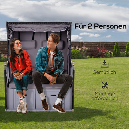 Baltic Sea Full Recliner 2-Seater Winterproof Hardwood Beach Chair, Beach Chair with Roof Footrest Side Tables Beach Chair Cover, Beach Chair for Balcony, Garden Terrace, Gray