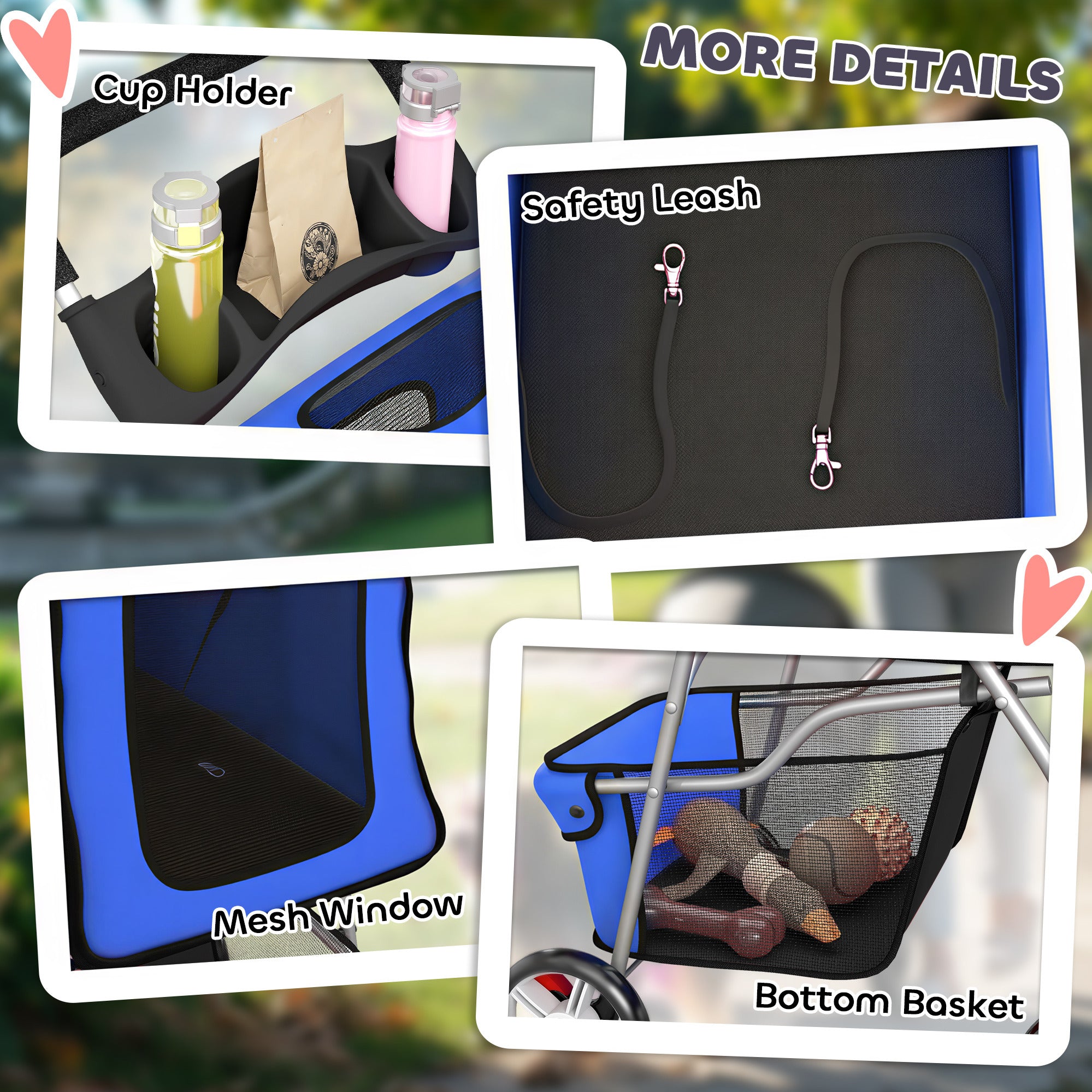 Foldable Dog Stroller — Rain Cover, Reflective Strips, 360° Swivel Wheels, Brakes, Washable Cushion — Blue