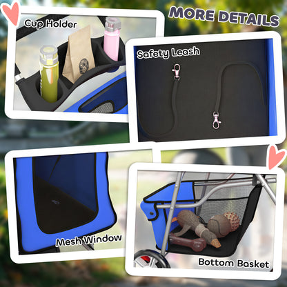 Foldable Dog Stroller — Rain Cover, Reflective Strips, 360° Swivel Wheels, Brakes, Washable Cushion — Blue