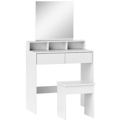 Makeup Vanity Set with Stool, Makeup Table with Mirror, 3 Shelves, 2 Drawers, Modern Makeup Vanity in Wood for Bedroom, 75x38x135 cm, White