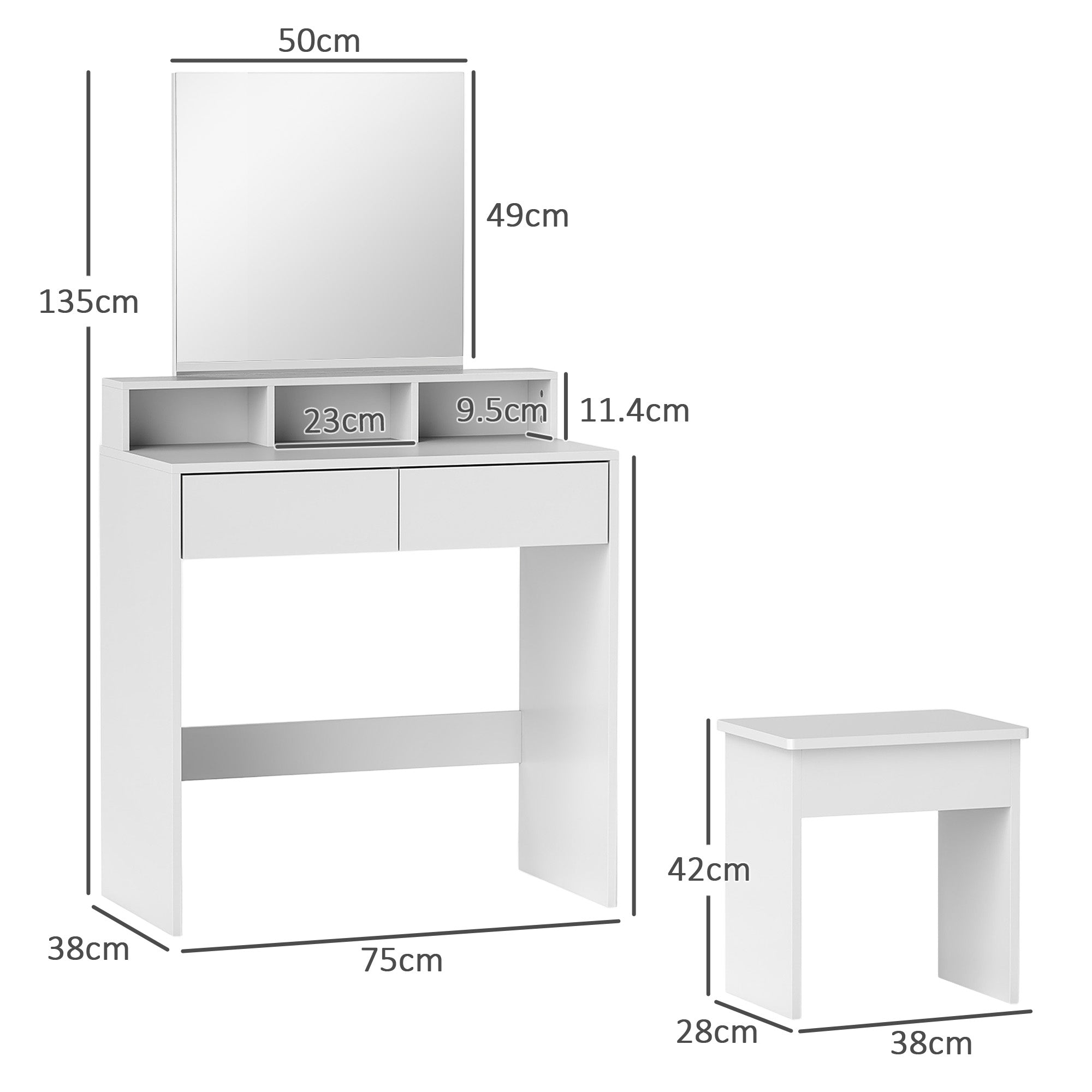 Makeup Vanity Set with Stool, Makeup Table with Mirror, 3 Shelves, 2 Drawers, Modern Makeup Vanity in Wood for Bedroom, 75x38x135 cm, White