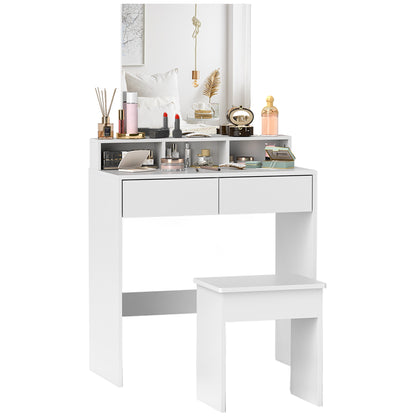 Makeup Vanity Set with Stool, Makeup Table with Mirror, 3 Shelves, 2 Drawers, Modern Makeup Vanity in Wood for Bedroom, 75x38x135 cm, White
