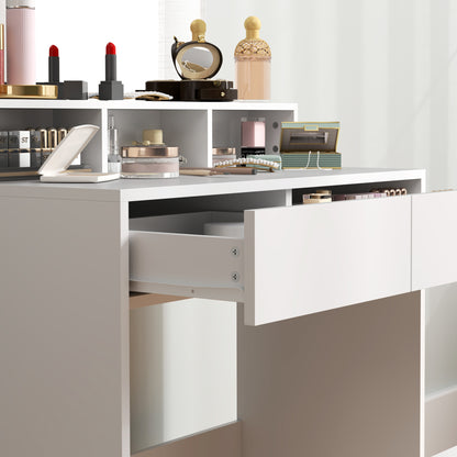 Makeup Vanity Set with Stool, Makeup Table with Mirror, 3 Shelves, 2 Drawers, Modern Makeup Vanity in Wood for Bedroom, 75x38x135 cm, White