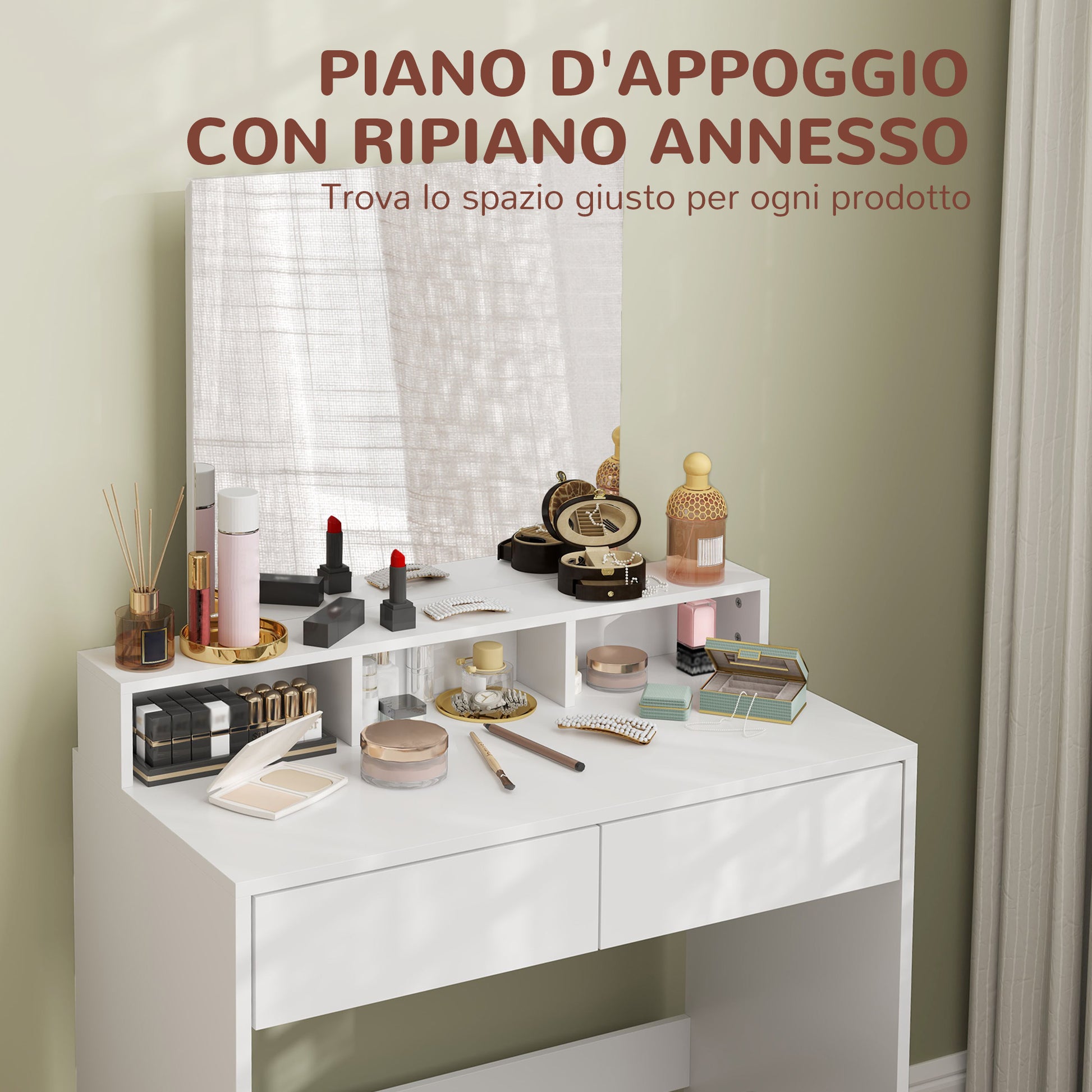 Makeup Vanity Set with Stool, Makeup Table with Mirror, 3 Shelves, 2 Drawers, Modern Makeup Vanity in Wood for Bedroom, 75x38x135 cm, White