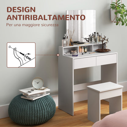 Makeup Vanity Set with Stool, Makeup Table with Mirror, 3 Shelves, 2 Drawers, Modern Makeup Vanity in Wood for Bedroom, 75x38x135 cm, White