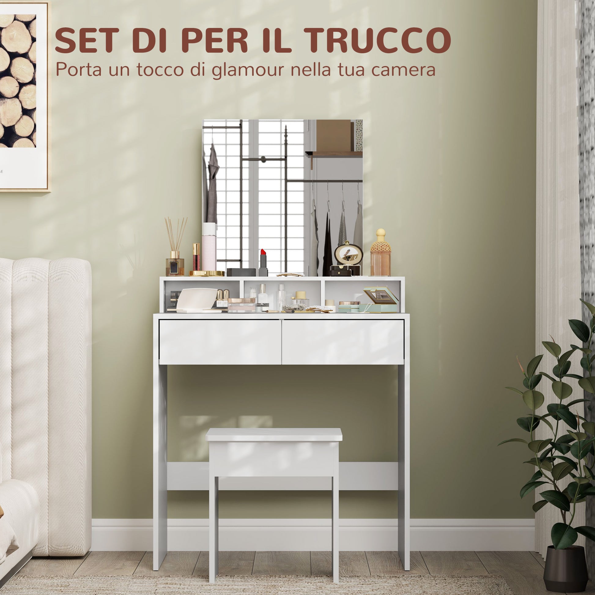 Makeup Vanity Set with Stool, Makeup Table with Mirror, 3 Shelves, 2 Drawers, Modern Makeup Vanity in Wood for Bedroom, 75x38x135 cm, White