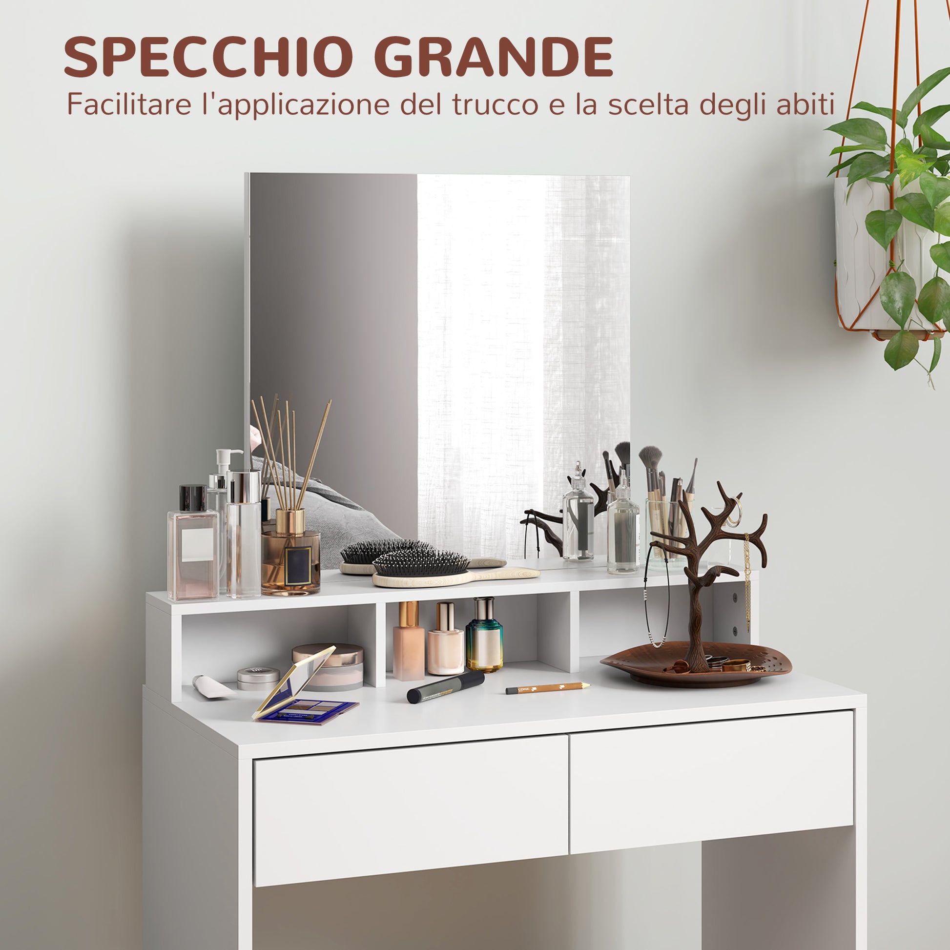 Makeup Vanity Set with Stool, Makeup Table with Mirror, 3 Shelves, 2 Drawers, Modern Makeup Vanity in Wood for Bedroom, 75x38x135 cm, White