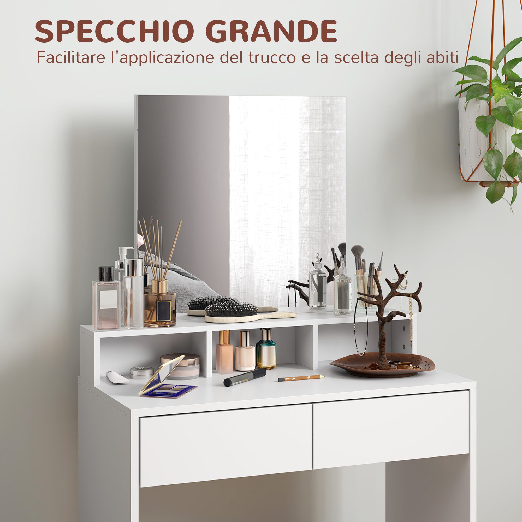Makeup Vanity Set with Stool, Makeup Table with Mirror, 3 Shelves, 2 Drawers, Modern Makeup Vanity in Wood for Bedroom, 75x38x135 cm, White