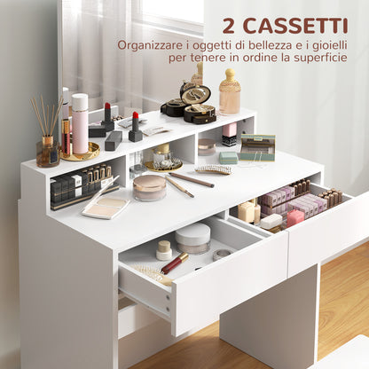 Makeup Vanity Set with Stool, Makeup Table with Mirror, 3 Shelves, 2 Drawers, Modern Makeup Vanity in Wood for Bedroom, 75x38x135 cm, White