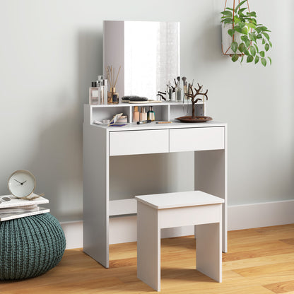 Makeup Vanity Set with Stool, Makeup Table with Mirror, 3 Shelves, 2 Drawers, Modern Makeup Vanity in Wood for Bedroom, 75x38x135 cm, White